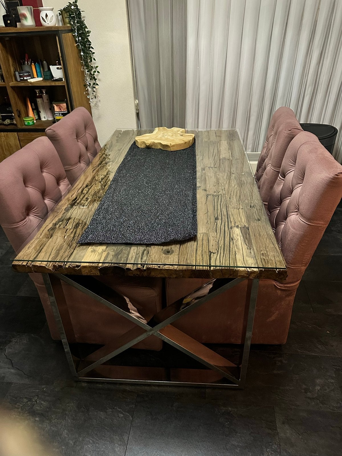 Eric Kuster stijl Mango houten eettafel met 4 stoelen, Ophalen, Gebruikt, 200 cm of meer, 50 tot 100 cm