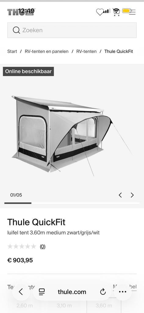 Thule QuickFit luifeltent 3.60m XL zwart/grijs/wit, Ophalen of Verzenden, Nieuw