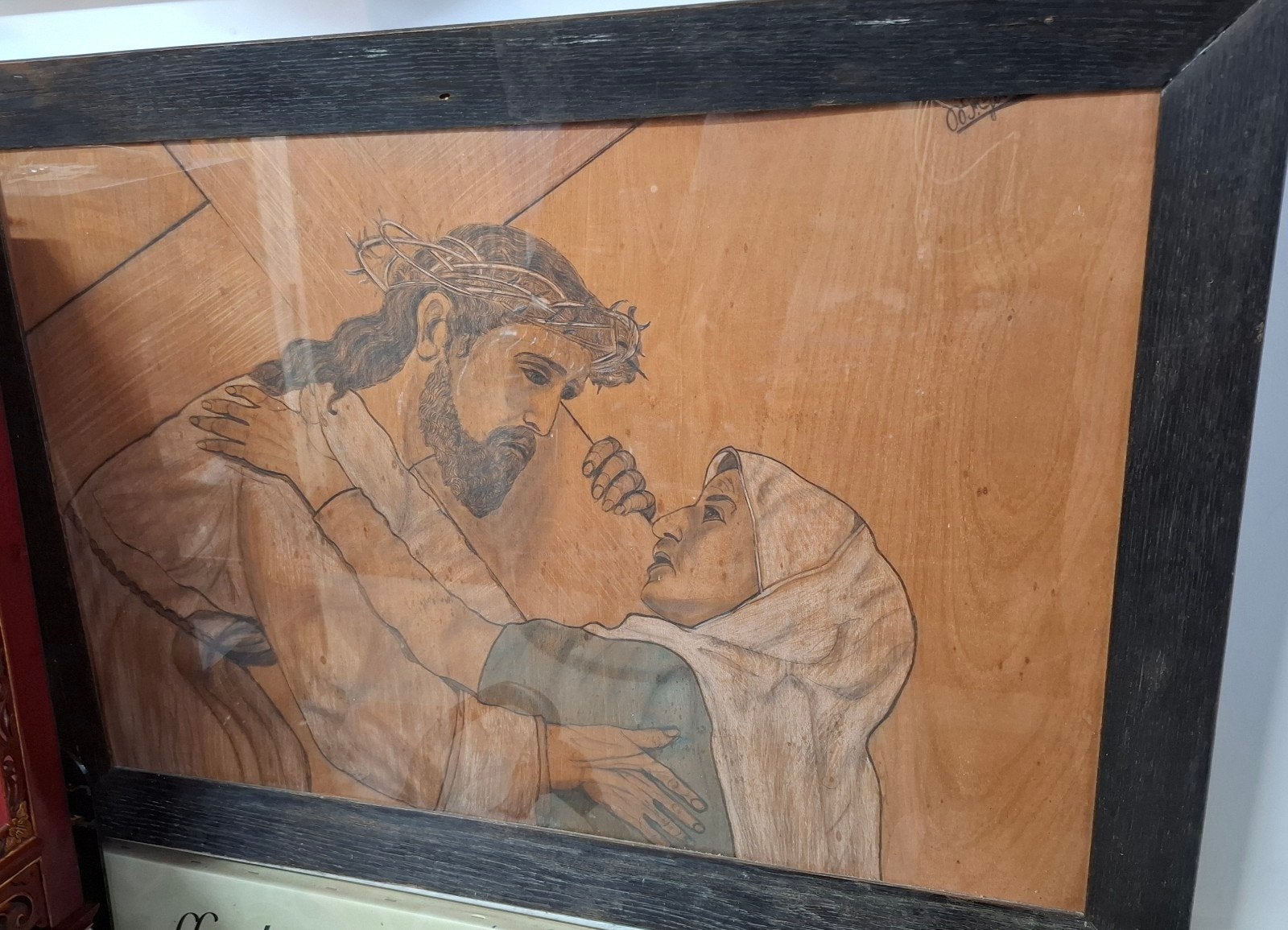 antiek Religie schilderij van Jezus op basis van intarsia, Ophalen