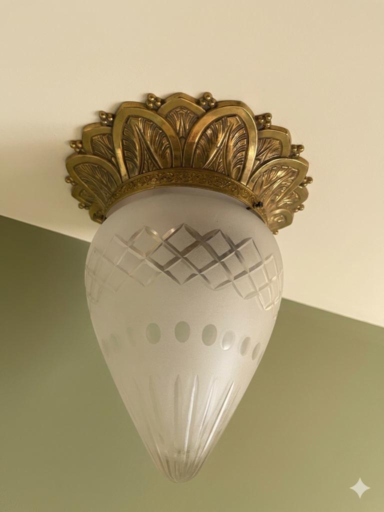 Franse Plafond lamp met gouden rand, Huis en Inrichting, Lampen | Plafondlampen, Ophalen of Verzenden, Zo goed als nieuw, Glas