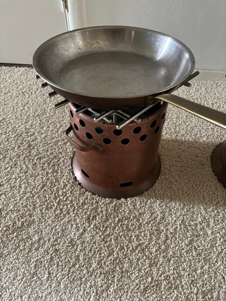 Koperen  flameerset / rechaud met pannen (2 stuks), Ophalen