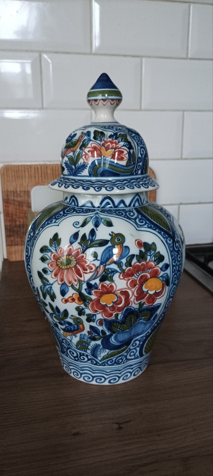 Prachtige Makkum Aardewerk Gemberpot met Bloemen en Vogels, Ophalen