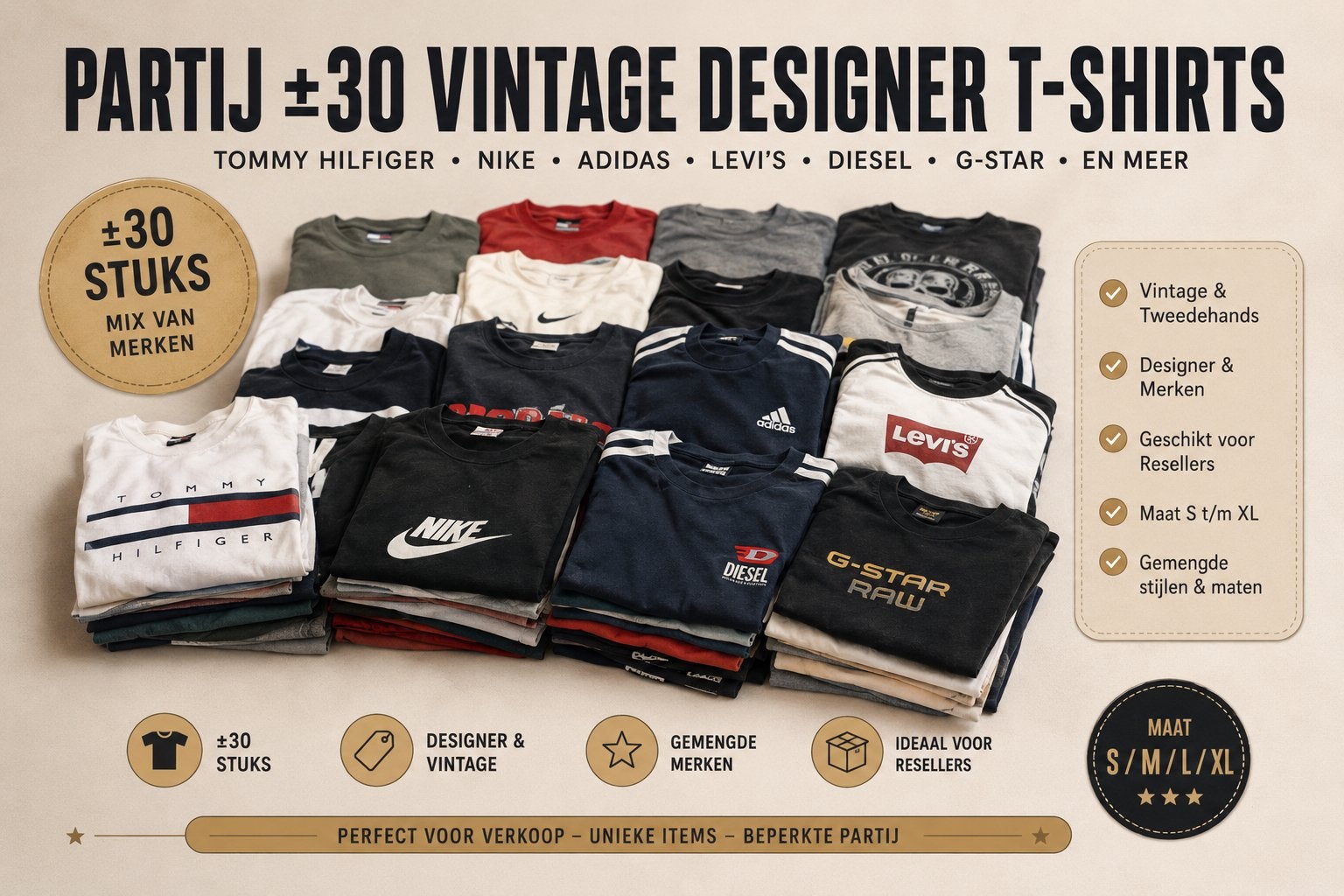 Partij  30 vintage designer t-shirts – Tommy Levi's etc, Kleding | Heren, T-shirts, Ophalen of Verzenden, Gedragen, Overige maten