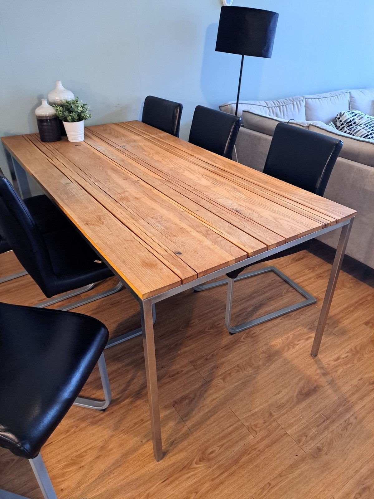 Complete eethoek: Tafel + 6 stoelen (opknapper), Gebruikt, 100 tot 150 cm, 50 tot 100 cm, Vijf personen of meer