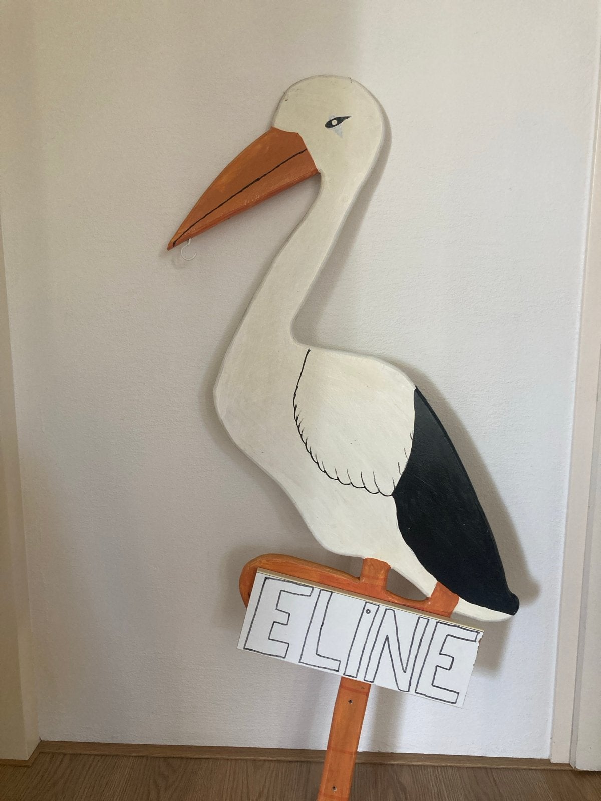 Handgemaakte Houten Ooievaar - 112cm Hoog, Kinderen en Baby's, Ophalen, Zo goed als nieuw, Geboortebord
