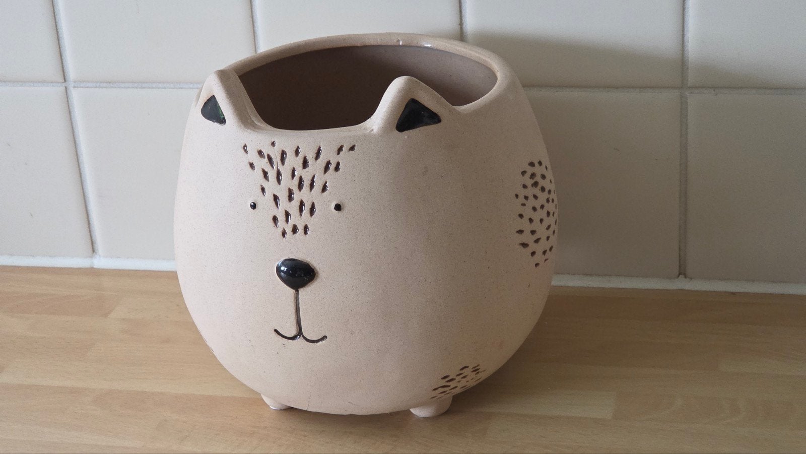 Leuke katten bloempot / plantenpot, Ophalen of Verzenden, Zo goed als nieuw, Beige, Steen/keramiek