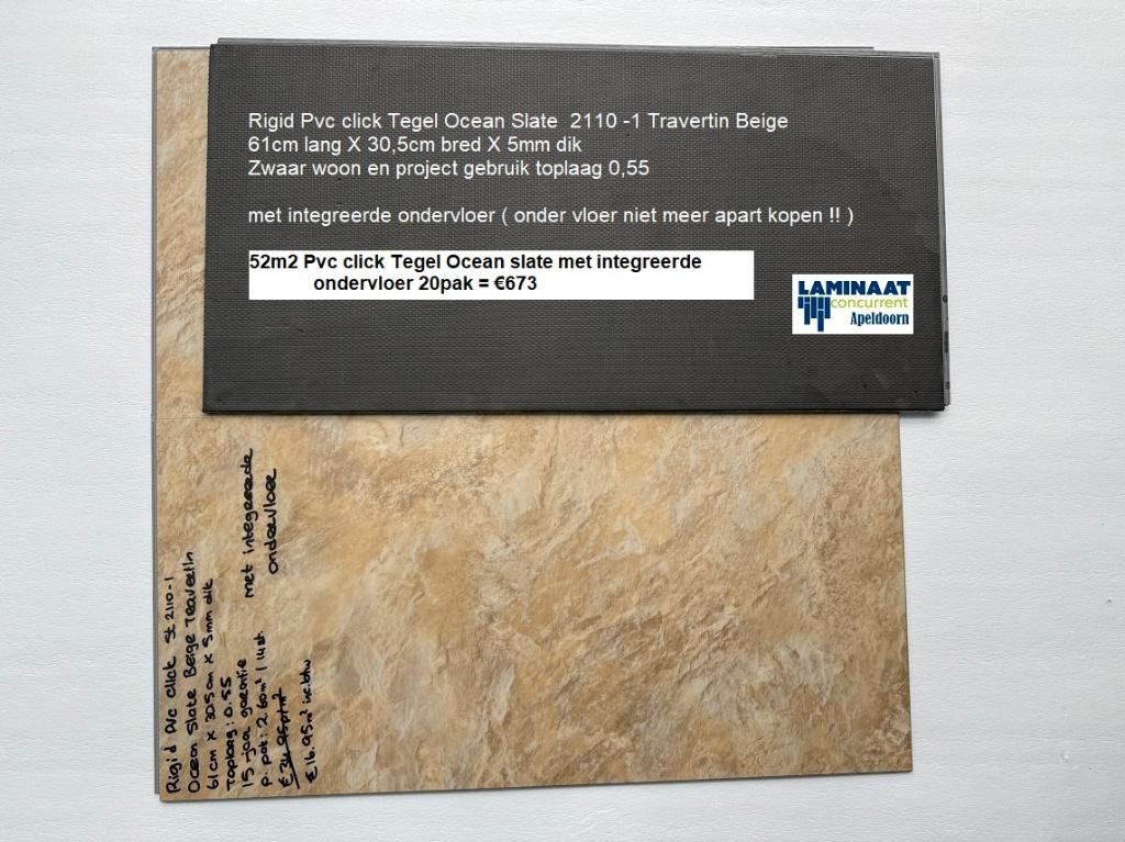 52m2 Pvc click Ocean slate met integreerde ondervloer 20pak, Pvc click tegel travertin kleur met integreerde ondervloer, 75 m² of meer