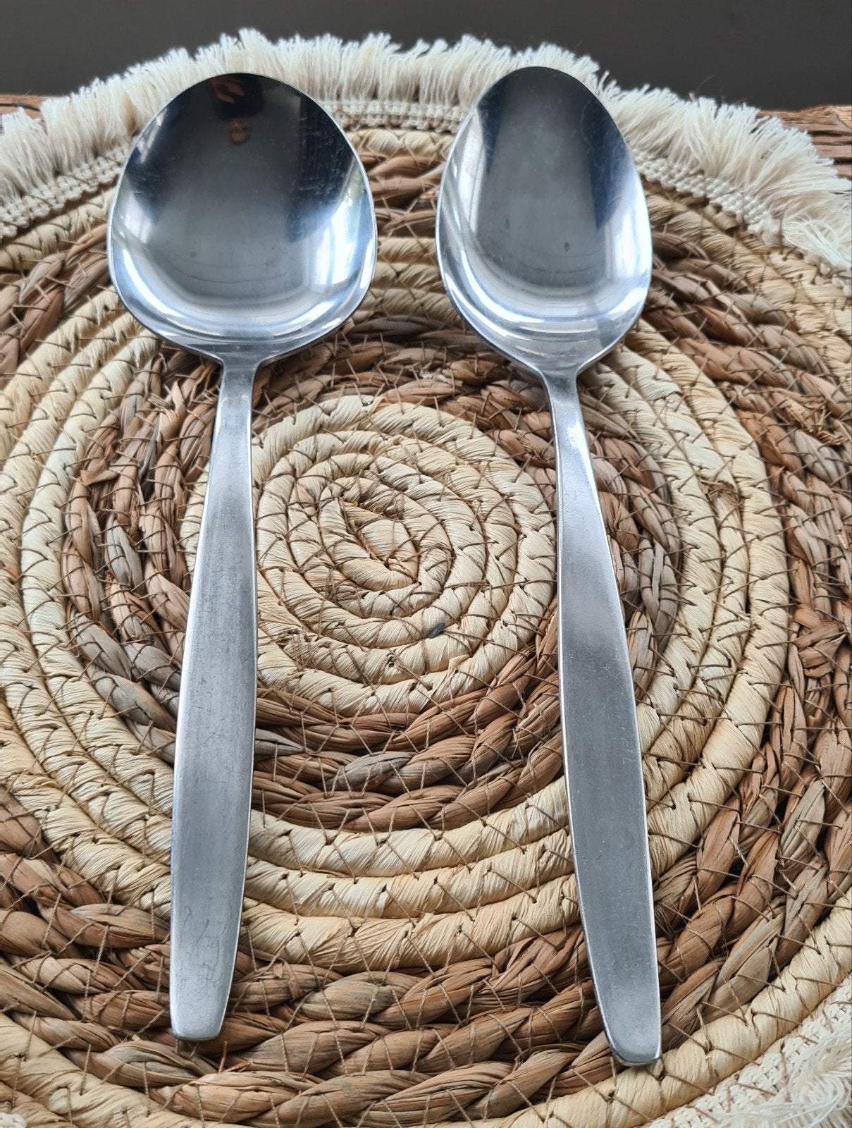 2x Roestvrijstalen opscheplepels, Los bestek, Ophalen of Verzenden, Zo goed als nieuw, Rvs of Chroom