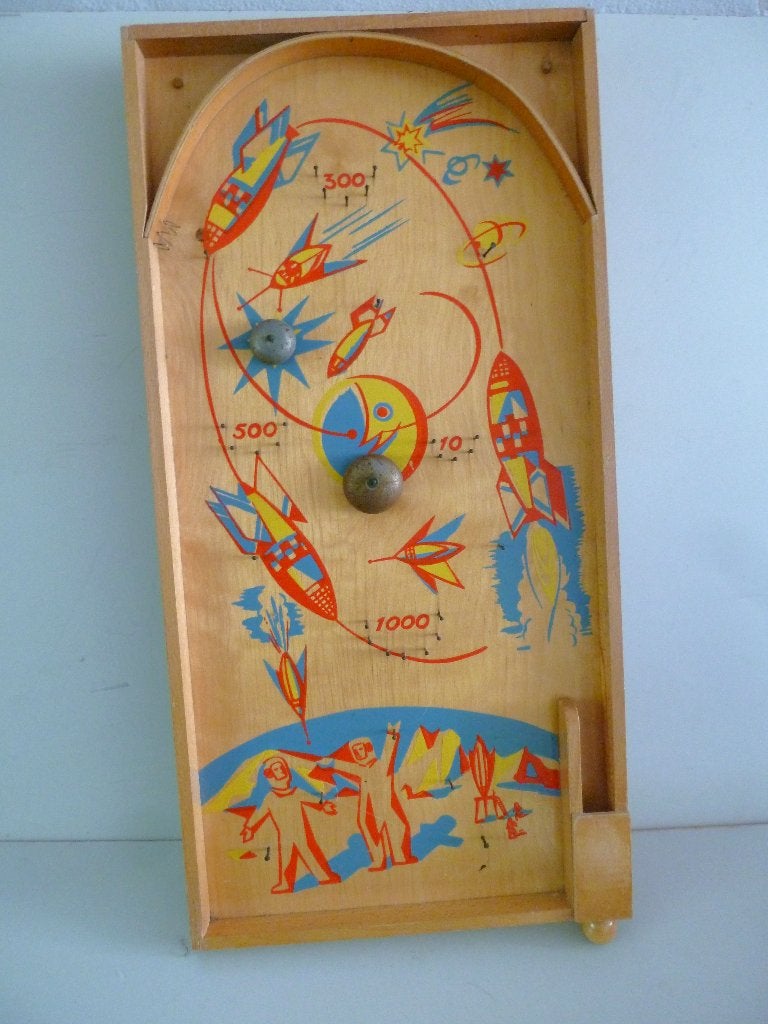 Vintage jaren 60 Trekbiljart/Knikkerspel Ruimtevaart Raket, Antiek en Kunst, Verzenden