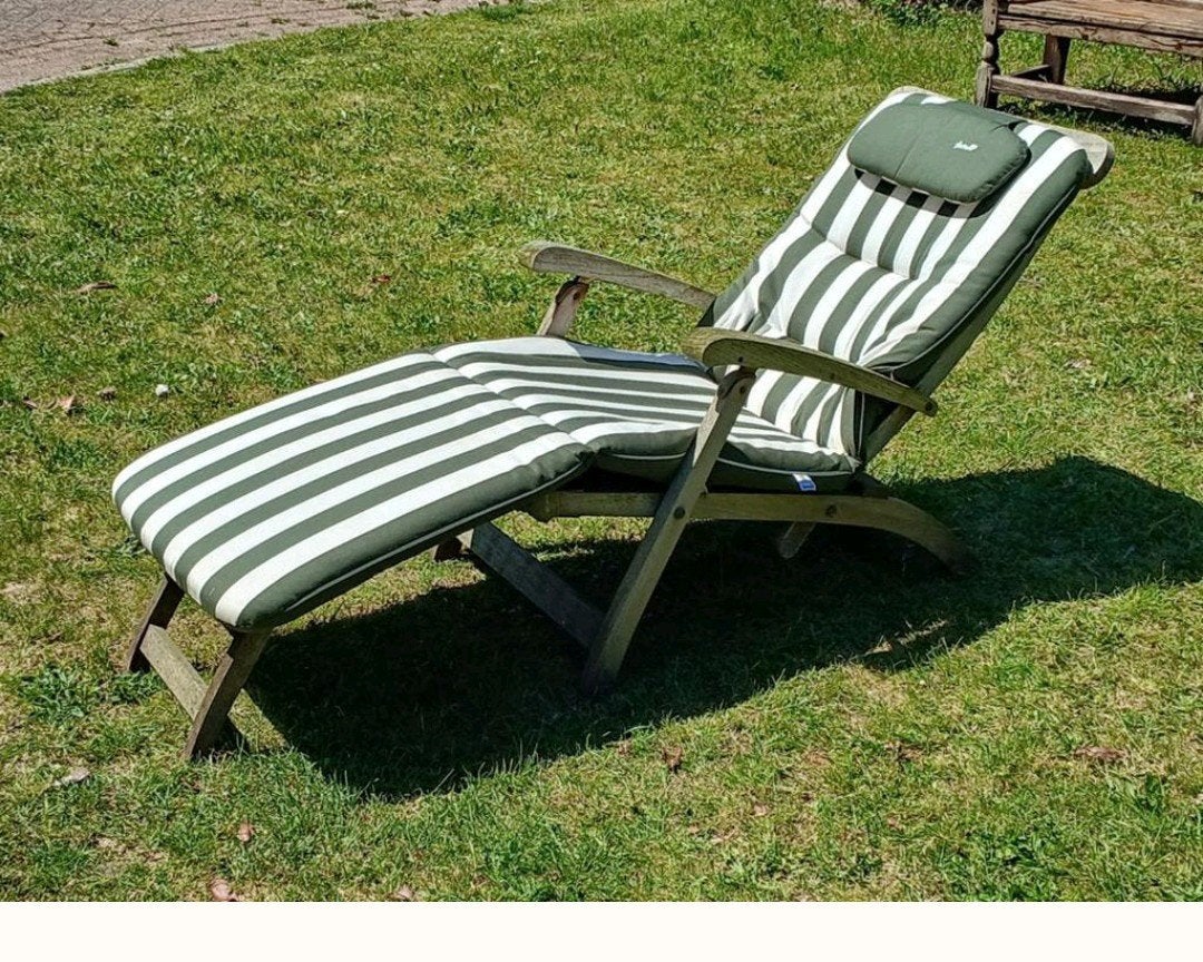 Vintage vergrijsde teakhouten ligstoel met Hartman kussen, Tuin en Terras, Ophalen of Verzenden, Gebruikt, Teakhout, Verstelbaar
