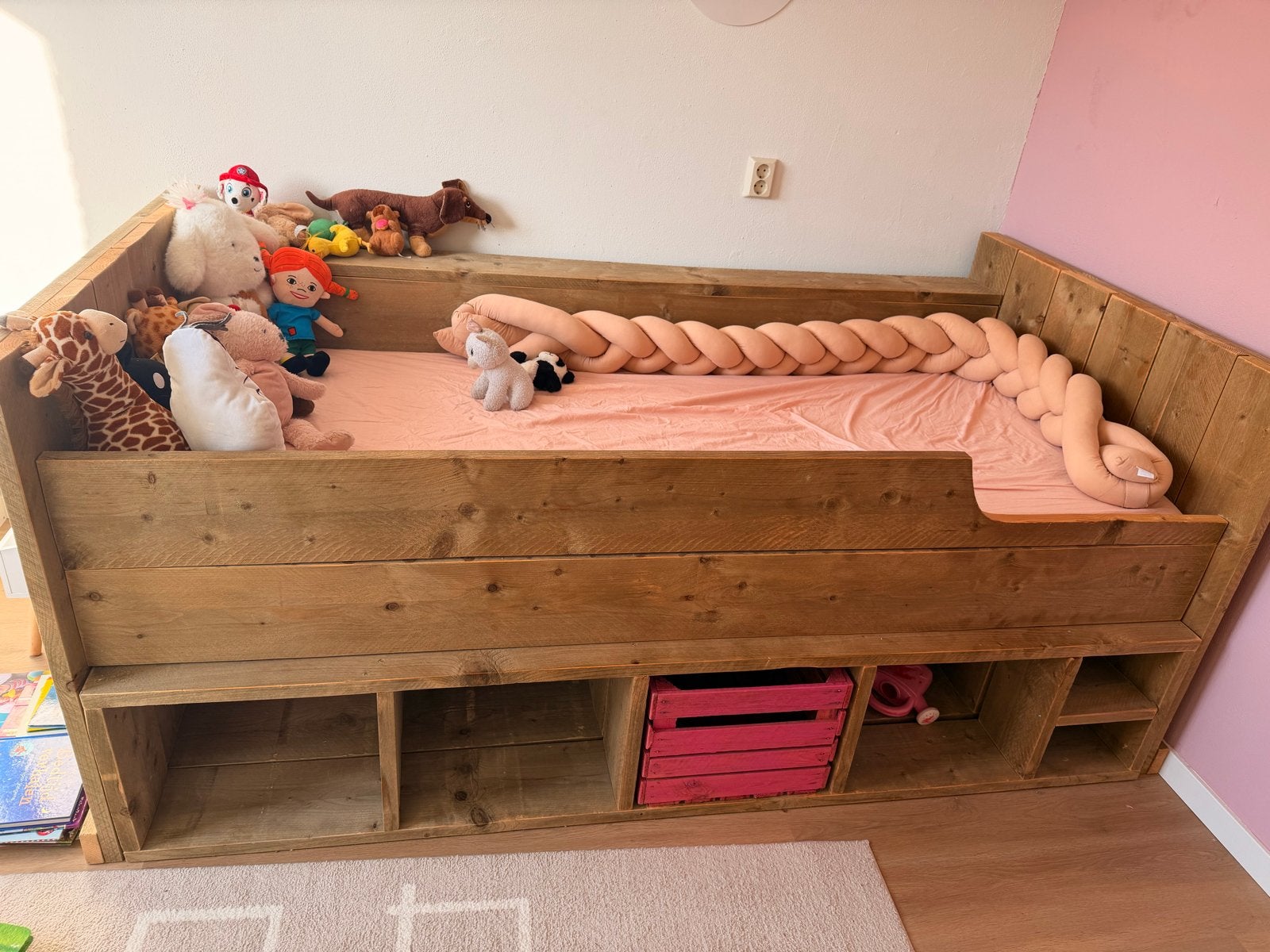 Houten eenpersoonsbed 210x90 met 3 opbergkratjes, Huis en Inrichting, Ophalen, Gebruikt, 90 cm, Eenpersoons