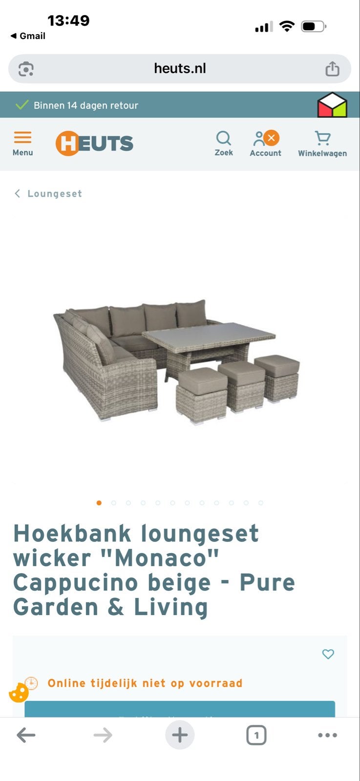 Hoekbank loungeset wicker 'Monaco' Cappuccino beige, Tuin en Terras, Ophalen, Gebruikt, Meer dan 8 zitplaatsen, Loungeset