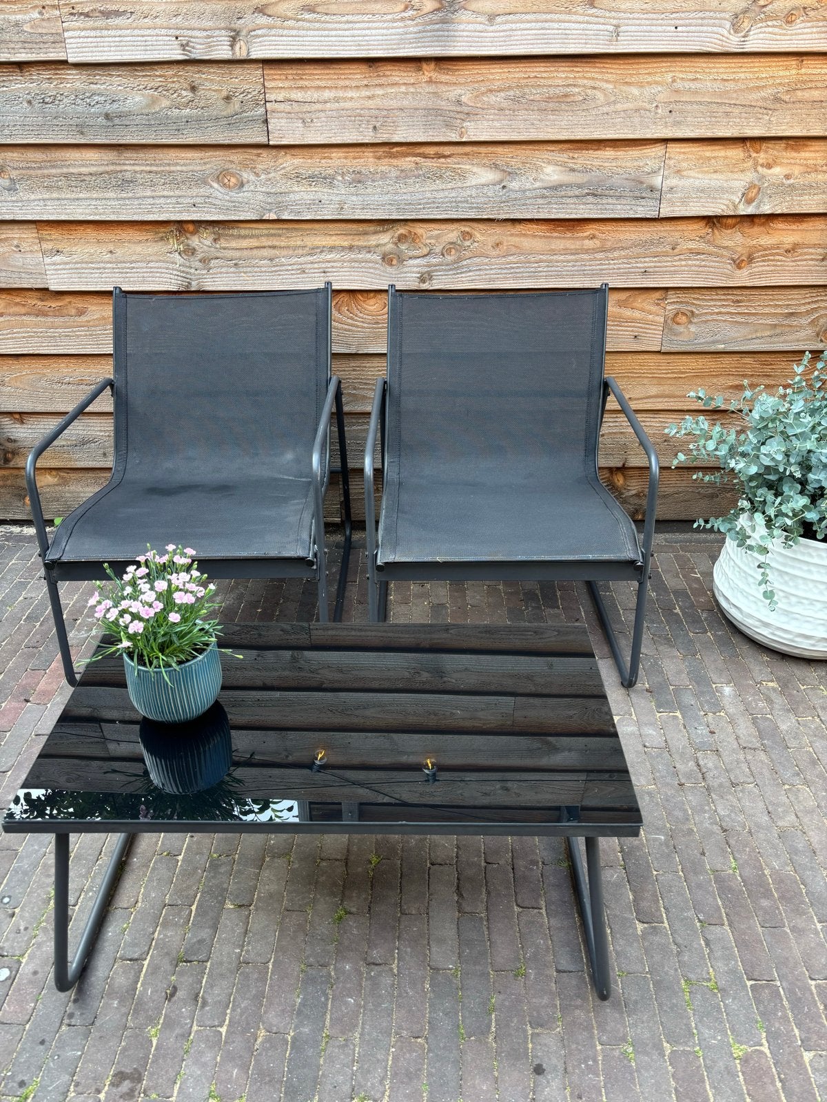 Tuinset: 2 stoelen en salontafel met gehard glas, Tuin en Terras, Gebruikt, Textileen, Stoel, Tuinset