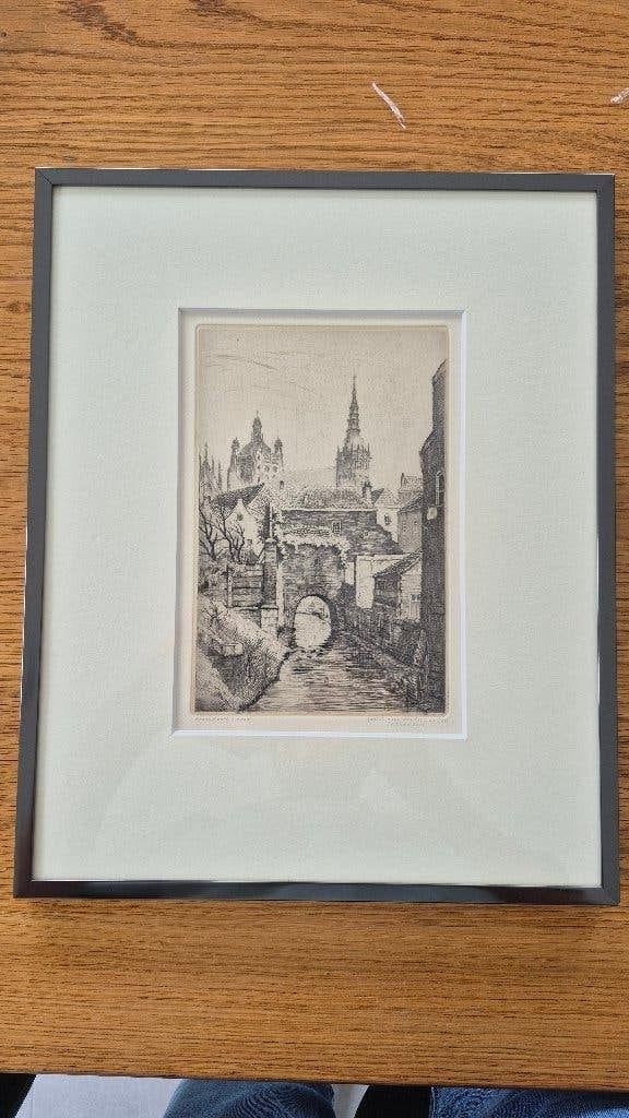 Ets afbeelding den bosch binnendieze., Antiek en Kunst, Kunst | Etsen en Gravures, Ingelijst, Architectuur, Ophalen of Verzenden
