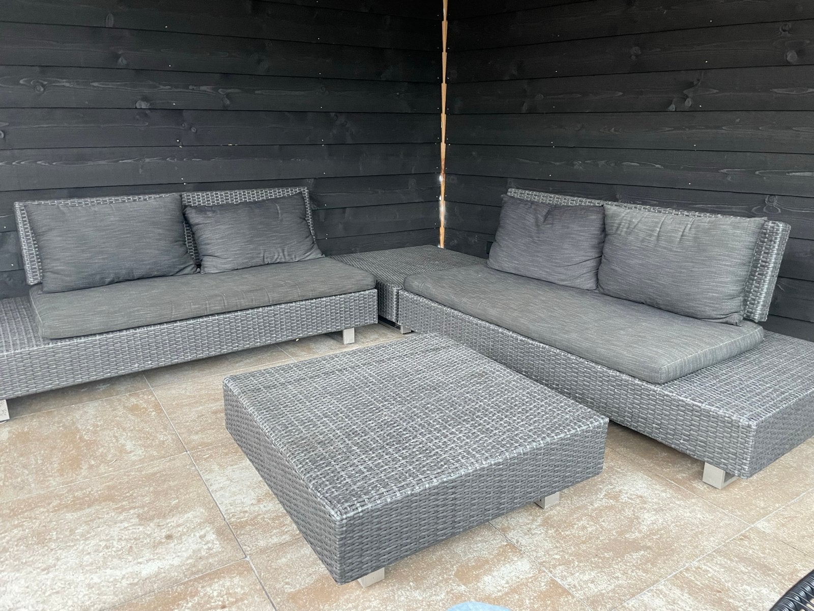 Wicker Loungeset met Kussens - Grijs, 4 zitplaatsen, Gebruikt, Ophalen of Verzenden, Loungeset