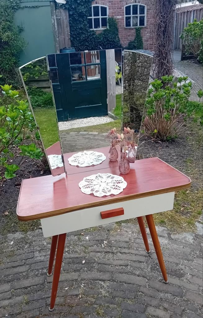 Vintage jaren '60 retro kaptafel drieluik spiegel en lade, Ophalen, Gebruikt, 50 tot 100 cm, Minder dan 100 cm