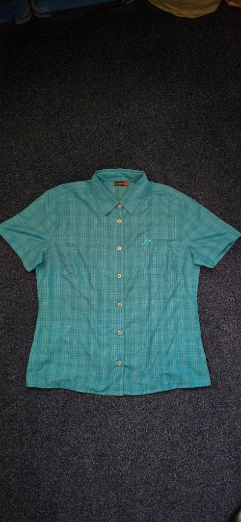 Maier sports blouse korte mouwen blauw geruit 42 dames, Maier, Blauw, Maat 42/44 (L), Ophalen of Verzenden