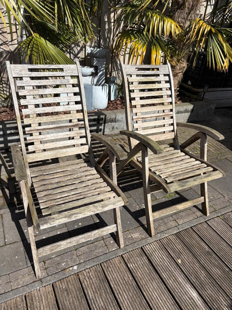 2 houten tuinstoelen, Tuin en Terras, Tuinstoelen, Ophalen, Gebruikt, Hout, Verstelbaar
