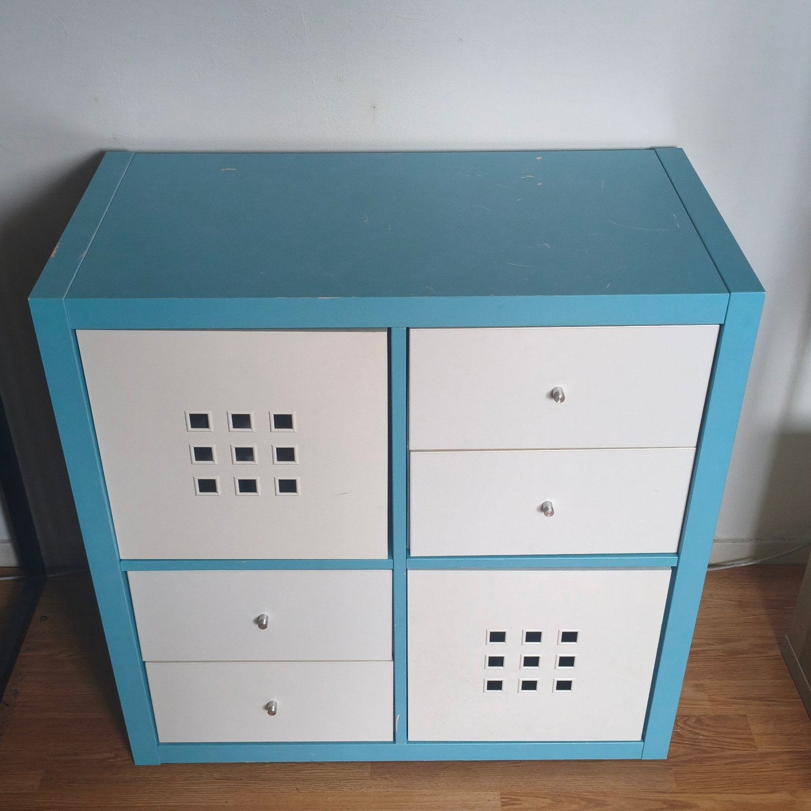 Ikea Kallax 2x2 lichtblauw met lades en bakken, Ophalen, Gebruikt