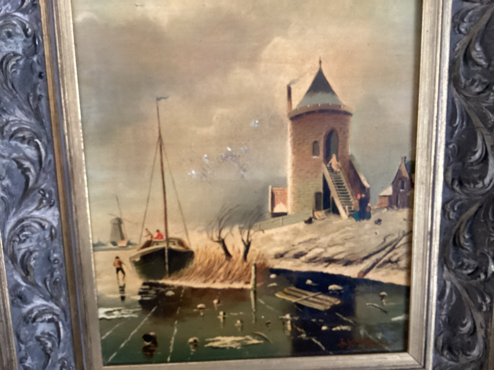 Oud Hollands Winterlandschap Schilderij met Boot en Toren, Ophalen of Verzenden