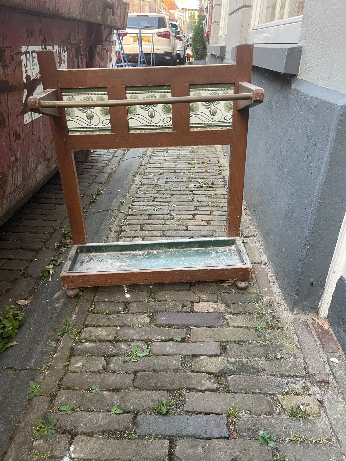 Vintage houten paraplubak met tegels, Huis en Inrichting, Woonaccessoires | Paraplubakken, Ophalen of Verzenden, Gebruikt, Hout