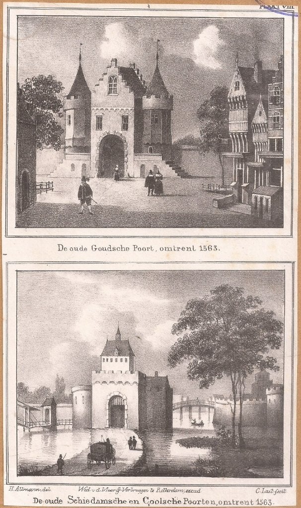 Rotterdam OUDE GOUDSCHE POORT en Schiedamsche Coolsche Poort, 1800 - 1899, Stadsgezicht, Ophalen of Verzenden, Blanco verso