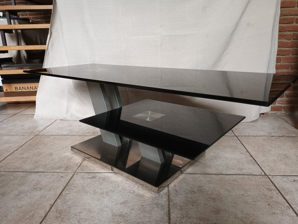 vintage salontafel  glas en metaal, Ophalen, Gebruikt, 100 tot 150 cm, 50 tot 100 cm
