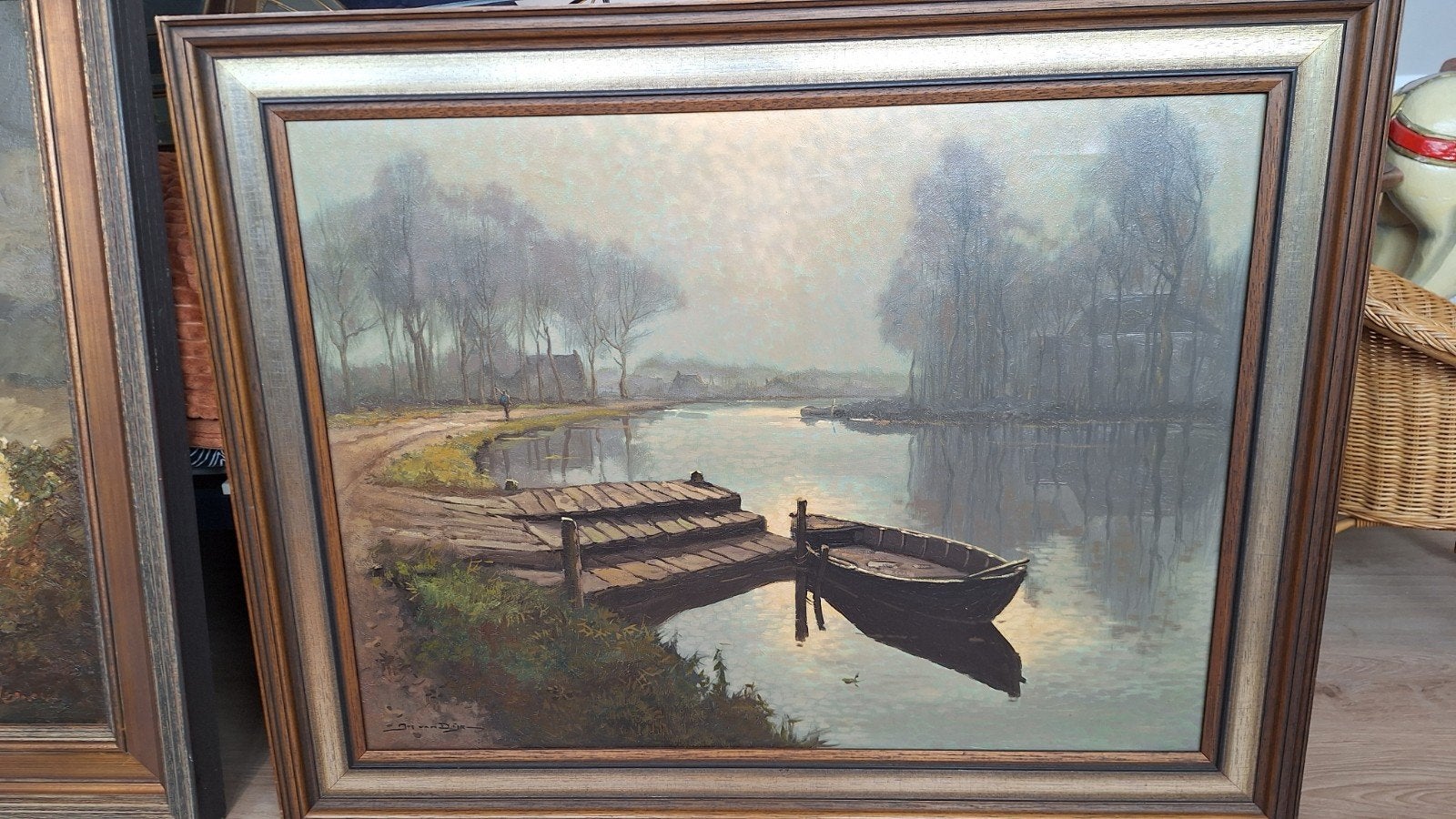 Olieverfschilderij Landschap met Roeiboot - Gesigneerd, Doek, Ophalen of Verzenden, Landschap, Klassiek