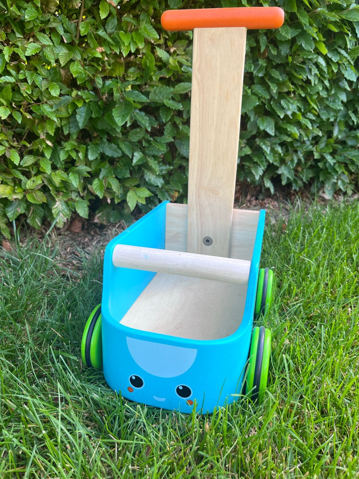 PlanToys Houten Loopwagen / Duwwagen - Blauw Busje, Ophalen, Zo goed als nieuw, Duw- of Trekspeelgoed