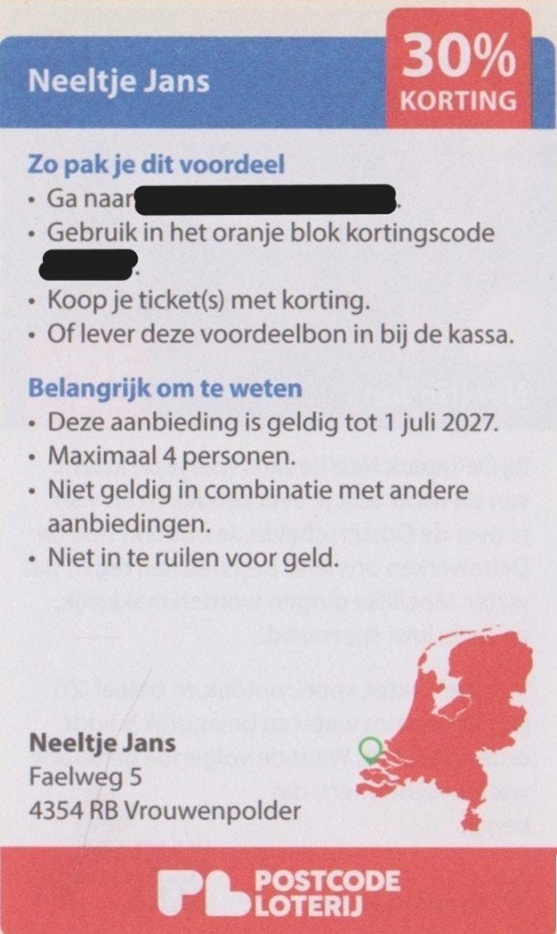 Neeltje Jans Vrouwenpolder. 30% korting. Postcodeloterij bon, Tickets en Kaartjes, Drie personen of meer, Kortingskaart