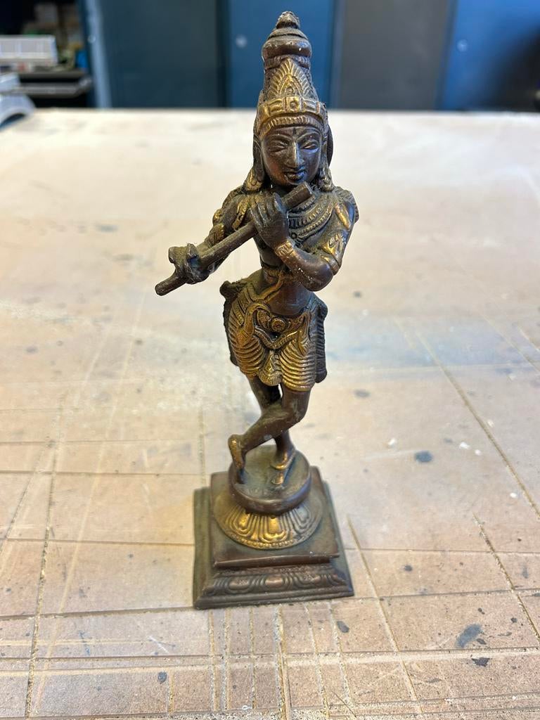 Vintage Bronzen Beeldje van Krishna met Fluit, Antiek en Kunst, Minder dan 20 cm, Verzenden, Beeld, Klassiek