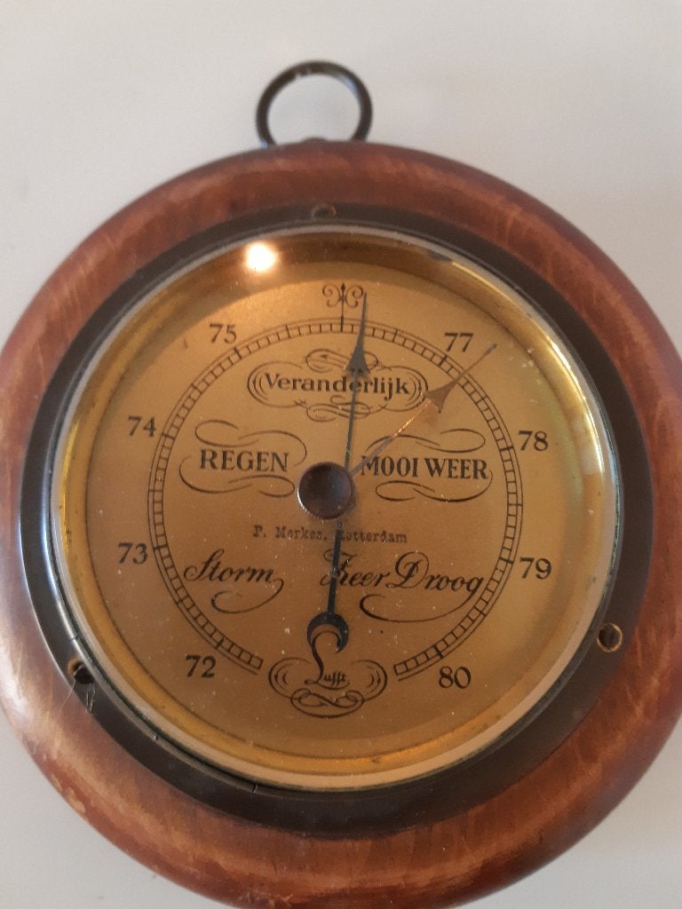Antieke barometer P. Markes Rotterdam – Hout en messing, Ophalen of Verzenden, Gebruikt, Barometer