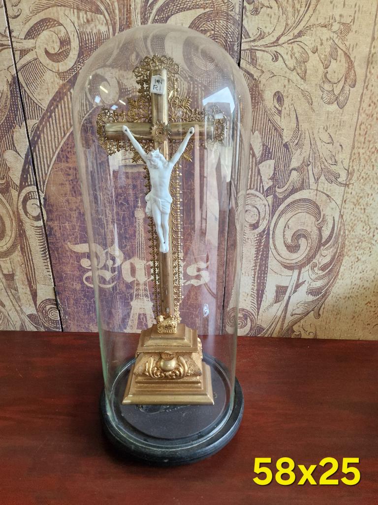 antieke stolp met crucifix 58 cm, Antiek en Kunst, Antiek | Religie, Ophalen of Verzenden