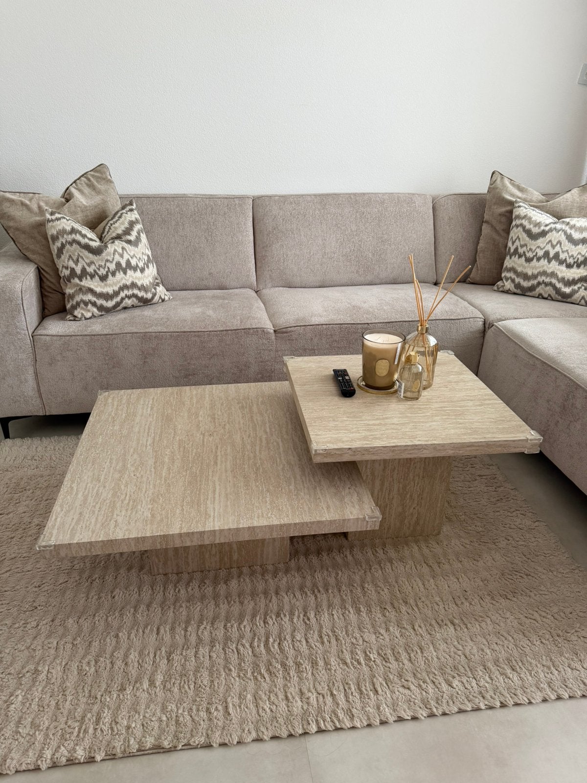 2-delige Travertinlook Salontafel, Ophalen, Overige materialen, 100 tot 150 cm, Vierkant