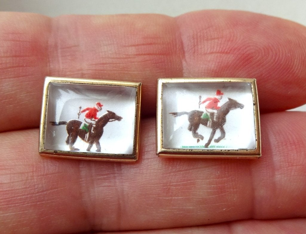 Jaren '30 Essex Crystal goud doublé manchetknopen: jockey, Ophalen of Verzenden, Koper, Manchetknopen, Verguld