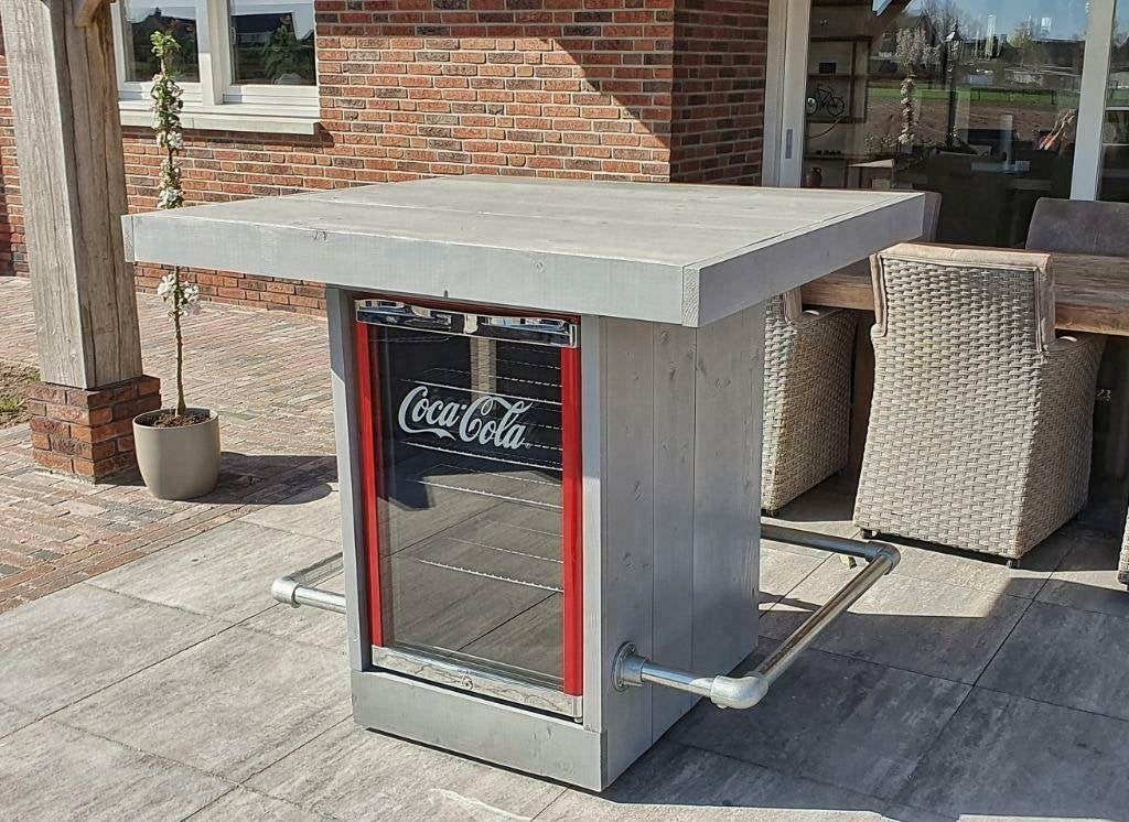 Statafel 125x125CM met Koelkast, LED licht en stopcontacten, Ophalen of Verzenden, Gebruikt, Vierkant, Hout