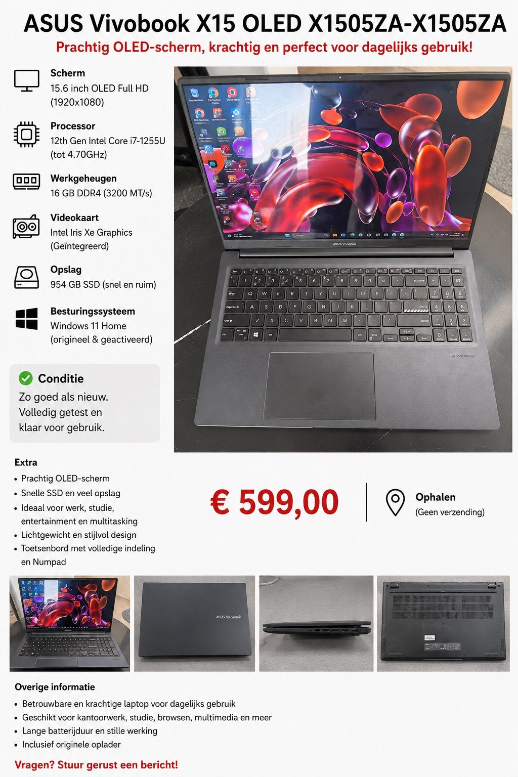 ASUS Vivobook X15 OLED – i7-1255U | 16GB RAM | 1TB SSD, Computers en Software, Windows Laptops, Ophalen, Met videokaart, Zo goed als nieuw
