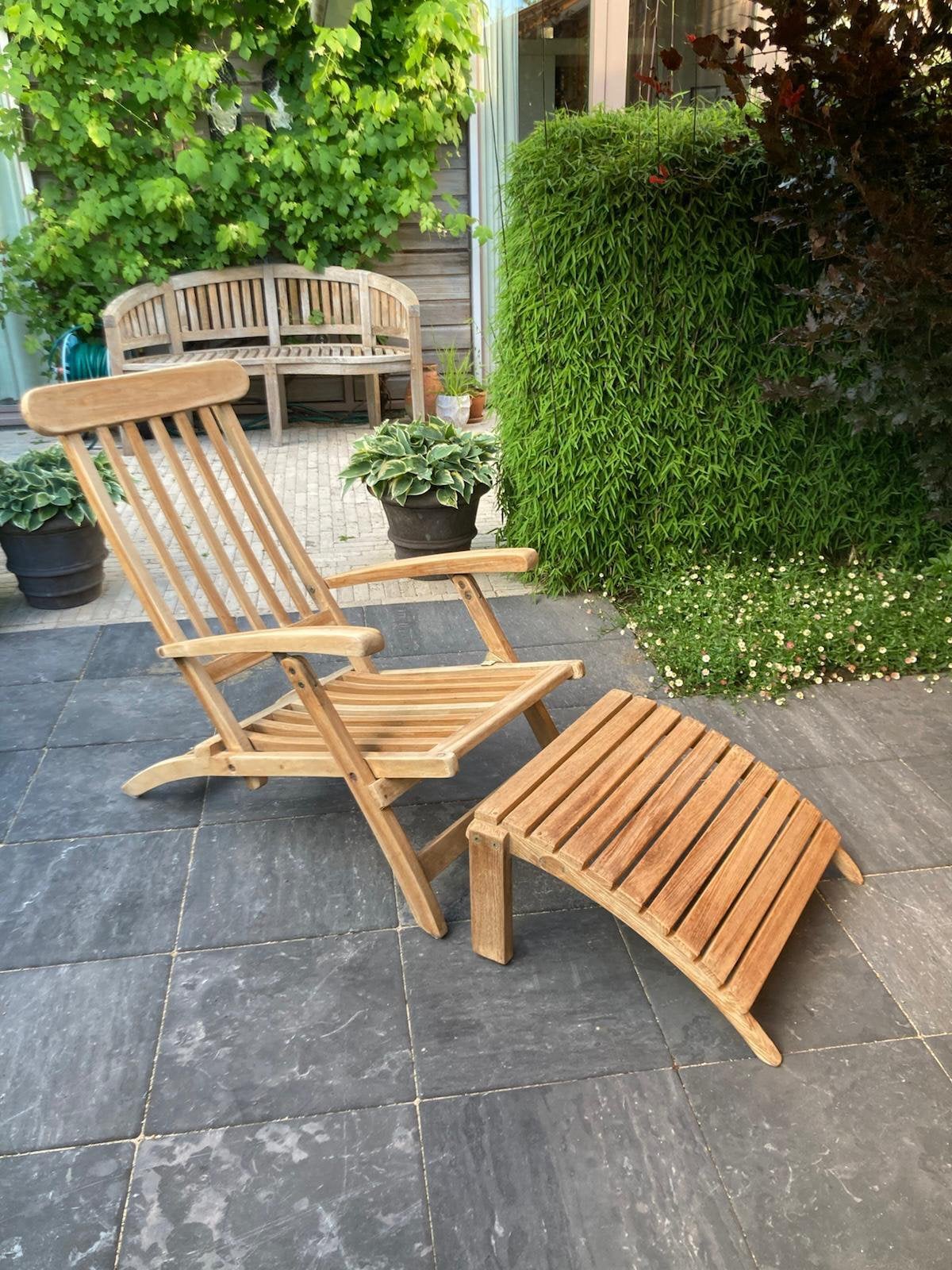 Royale teakhouten lounge chair met voetenbank premium, Tuin en Terras, Ophalen, Zo goed als nieuw, Teakhout, Verstelbaar