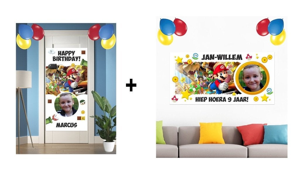 Super Mario muurposter deurposter met naam foto kind 120x60, Rechthoekig Staand, Deurposter of groter, Nieuw, Ophalen of Verzenden