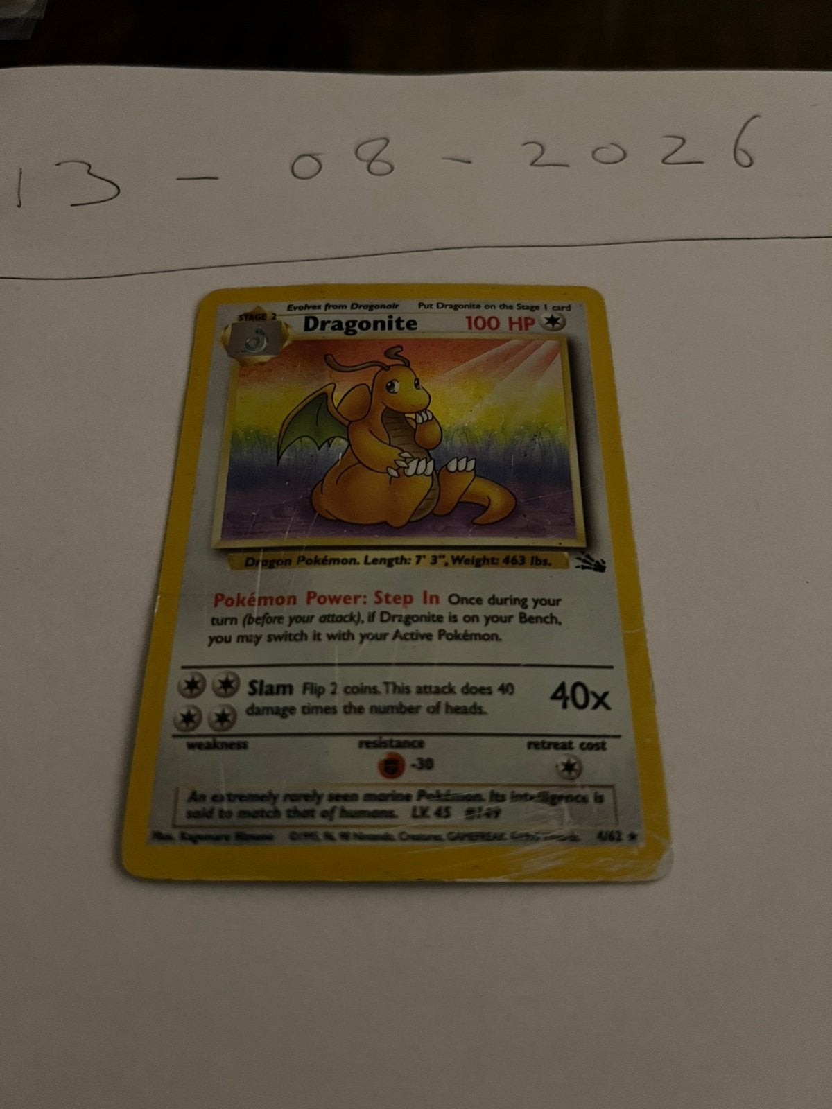 Pokemon dragonite fossil 4/62, Ophalen of Verzenden, Gebruikt, Losse kaart, Foil