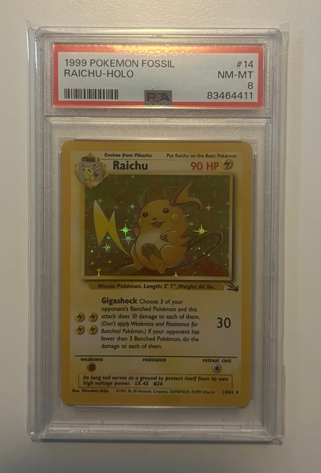Raichu 14/62 - Fossil - PSA 8, Ophalen of Verzenden, Zo goed als nieuw, Losse kaart, Foil