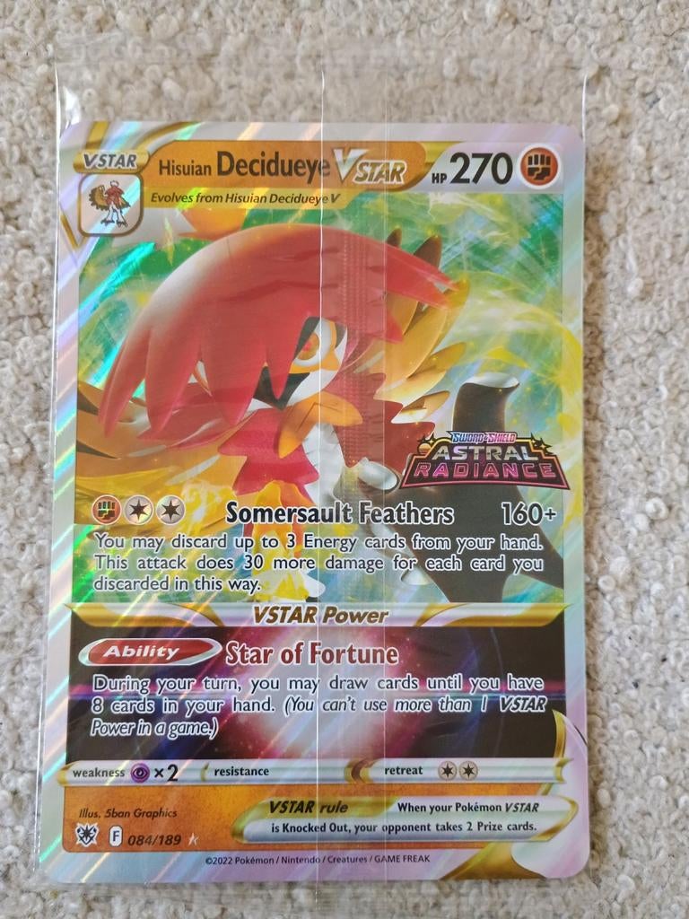 Hisuian decidueye Vstar jumbo astral radiance stamp sealed, Ophalen of Verzenden, Zo goed als nieuw, Losse kaart, Foil