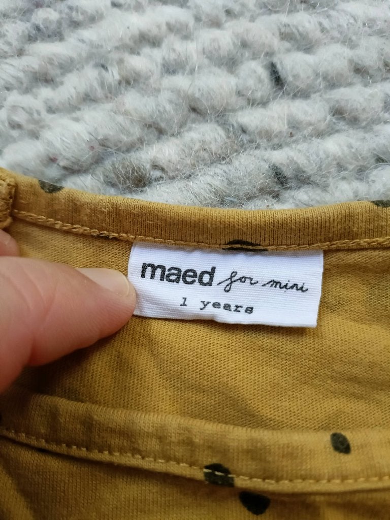 Maed for mini t-shirt jurkje mosterd geel met stippen 80, Meisje, Maed for Mini, Ophalen of Verzenden, Zo goed als nieuw