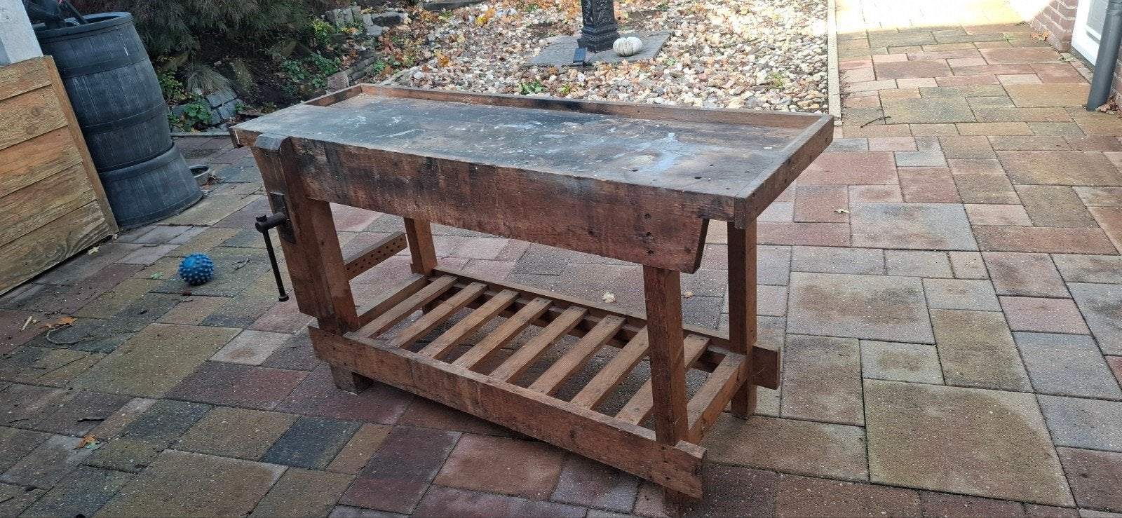 Antieke houten werkbank / sidetable (145 cm) - Industrieel, Ophalen, 25 tot 50 cm, Rechthoekig, 100 tot 150 cm