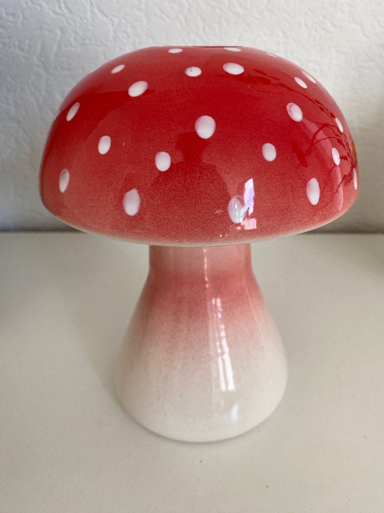 Paddenstoel Vaas 20,5 cm hoog keramiek rood wit vliegenzwam, Ophalen of Verzenden, Zo goed als nieuw, Rood, Steen/keramiek