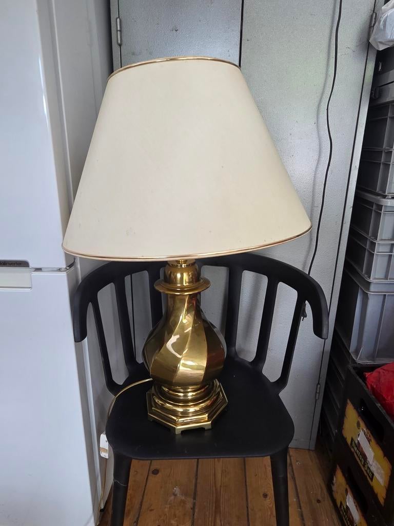 Vintage Messing Tafellamp met Crèmekleurige Kap, Ophalen of Verzenden, Gebruikt, Vintage, Klassiek, Messing