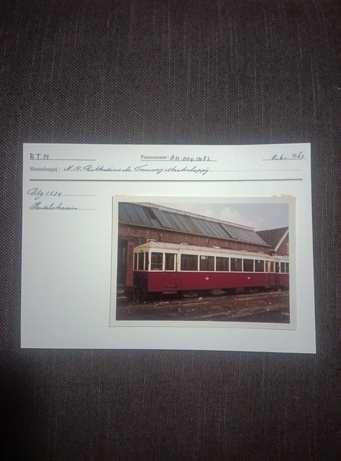 RTM Tram 1524 foto en specificaties (1963), Ophalen of Verzenden, Gebruikt, Tram, Kaart of Prent