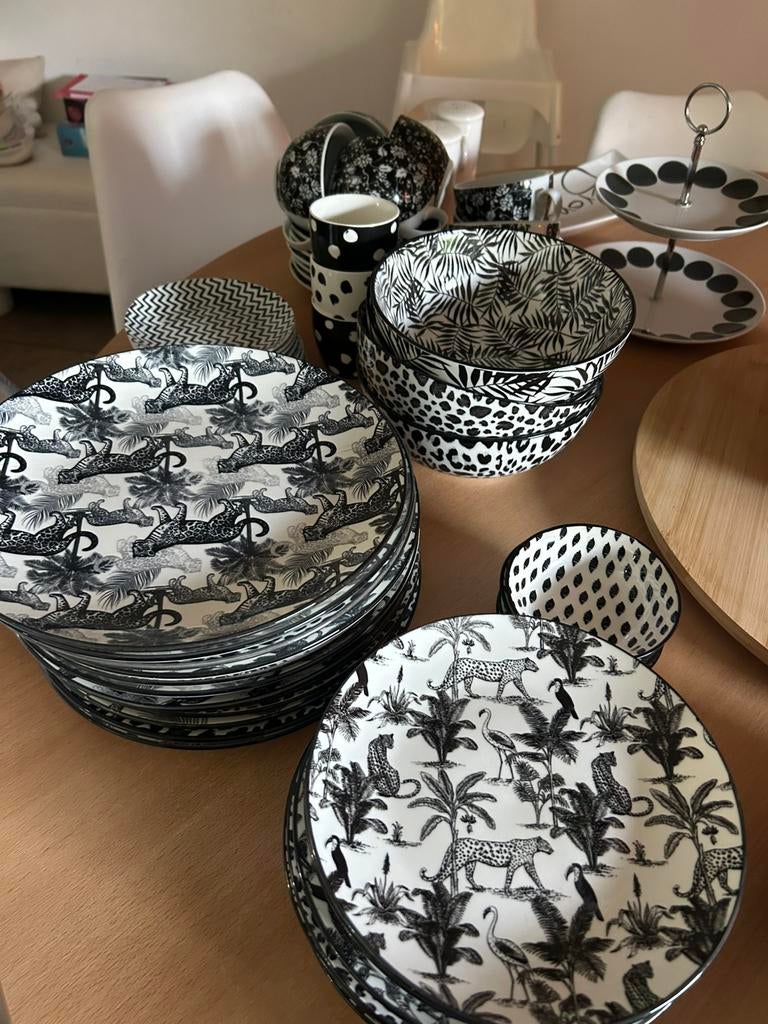 Zwart /wit servies  veel dieren print., Ophalen, Zo goed als nieuw, Overige stijlen, Porselein