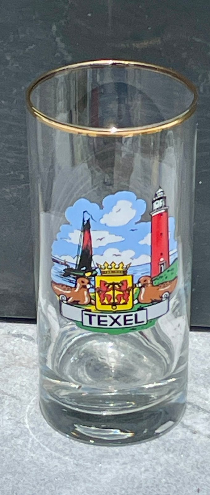 Vintage Texel Glas - Souvenir Glas met Vuurtoren en Zeehonde, Ophalen of Verzenden