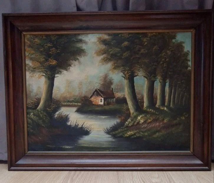 Sfeervol Olieverf Landschap met Huisje (62x80 cm), Ophalen, Doek, Landschap, Olieverf